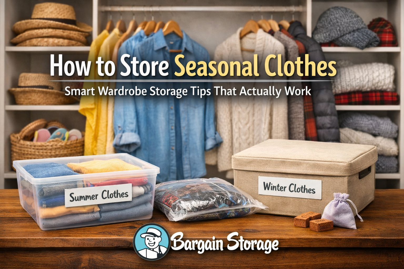 How to store seasonal clothes with labeled storage bins, vacuum-sealed bags, and organized closet for winter and summer wardrobe storage